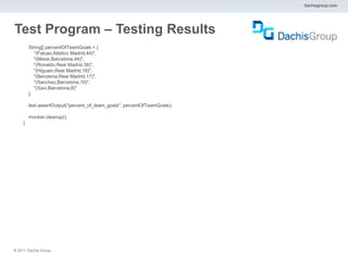 dachisgroup.com




Test Program – Testing Results
         String[] percentOfTeamGoals = {
            "(Falcao,Atletico Madrid,44)",
            "(Messi,Barcelona,44)",
            "(Ronaldo,Real Madrid,38)",
            "(Higuain,Real Madrid,18)",
            "(Benzema,Real Madrid,17)",
            "(Sanchez,Barcelona,10)",
            "(Xavi,Barcelona,8)"
         };

         test.assertOutput("percent_of_team_goals", percentOfTeamGoals);

         mocker.cleanup();
     }




® 2011 Dachis Group.
 