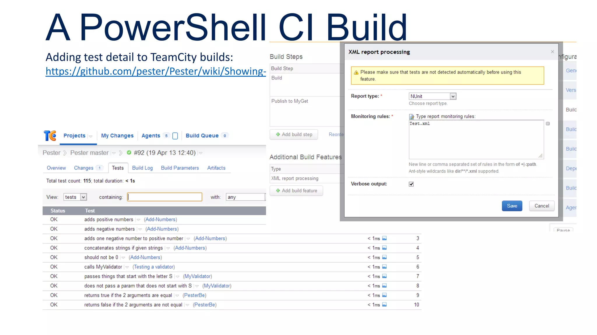 A PowerShell CI Build
Adding test detail to TeamCity builds:
https://github.com/pester/Pester/wiki/Showing-Test-Results-in-TeamCity
 