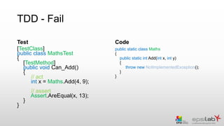 TDD - Fail
Test
[TestClass]
public class MathsTest
{
[TestMethod]
public void Can_Add()
{
// act
int x = Maths.Add(4, 9);
...