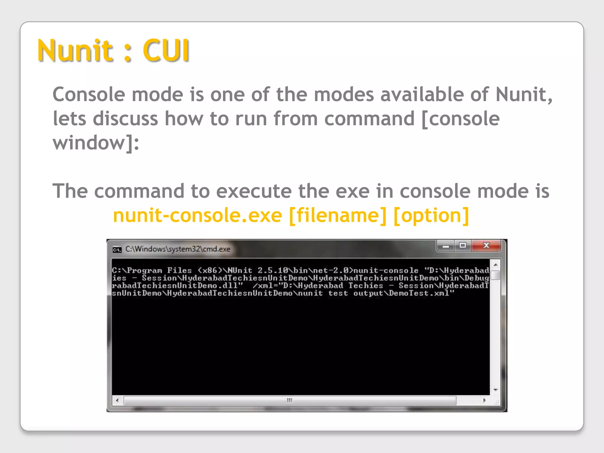 Hands-on: BMI Test-StructureUsingTestFixture AttributeTest ClassSetup attributeTearDown attributeTest attribute