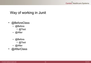 Way of working in Junit

             • @BeforeClass
                      – @Before
                         • @Test
                      – @After

                      – @Before
                         • @Test
                      – @After
             • @AfterClass



© Cambio Healthcare Systems AB        -13-   12-12-19
 