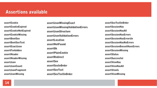 14
Assertions available
assertCookie
assertCookieExpired
assertCookieNotExpired
assertCookieMissing
assertDontSee
assertDontSeeText
assertExactJson
assertForbidden
assertHeader
assertHeaderMissing
assertJson
assertJsonCount
assertJsonFragment
assertJsonMissing
assertSeeTextInOrder
assertSessionHas
assertSessionHasAll
assertSessionHasErrors
assertSessionHasErrorsIn
assertSessionHasNoErrors
assertSessionDoesntHaveErrors
assertSessionMissing
assertStatus
assertSuccessful
assertViewHas
assertViewHasAll
assertViewIs
assertViewMissing
assertJsonMissingExact
assertJsonMissingValidationErrors
assertJsonStructure
assertJsonValidationErrors
assertLocation
assertNotFound
assertOk
assertPlainCookie
assertRedirect
assertSee
assertSeeInOrder
assertSeeText
assertSeeTextInOrder
 
