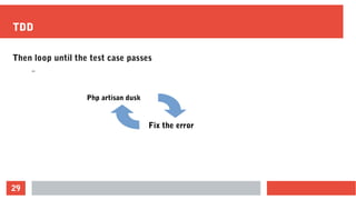 29
TDD
Then loop until the test case passes
–
Php artisan dusk
Fix the error
 