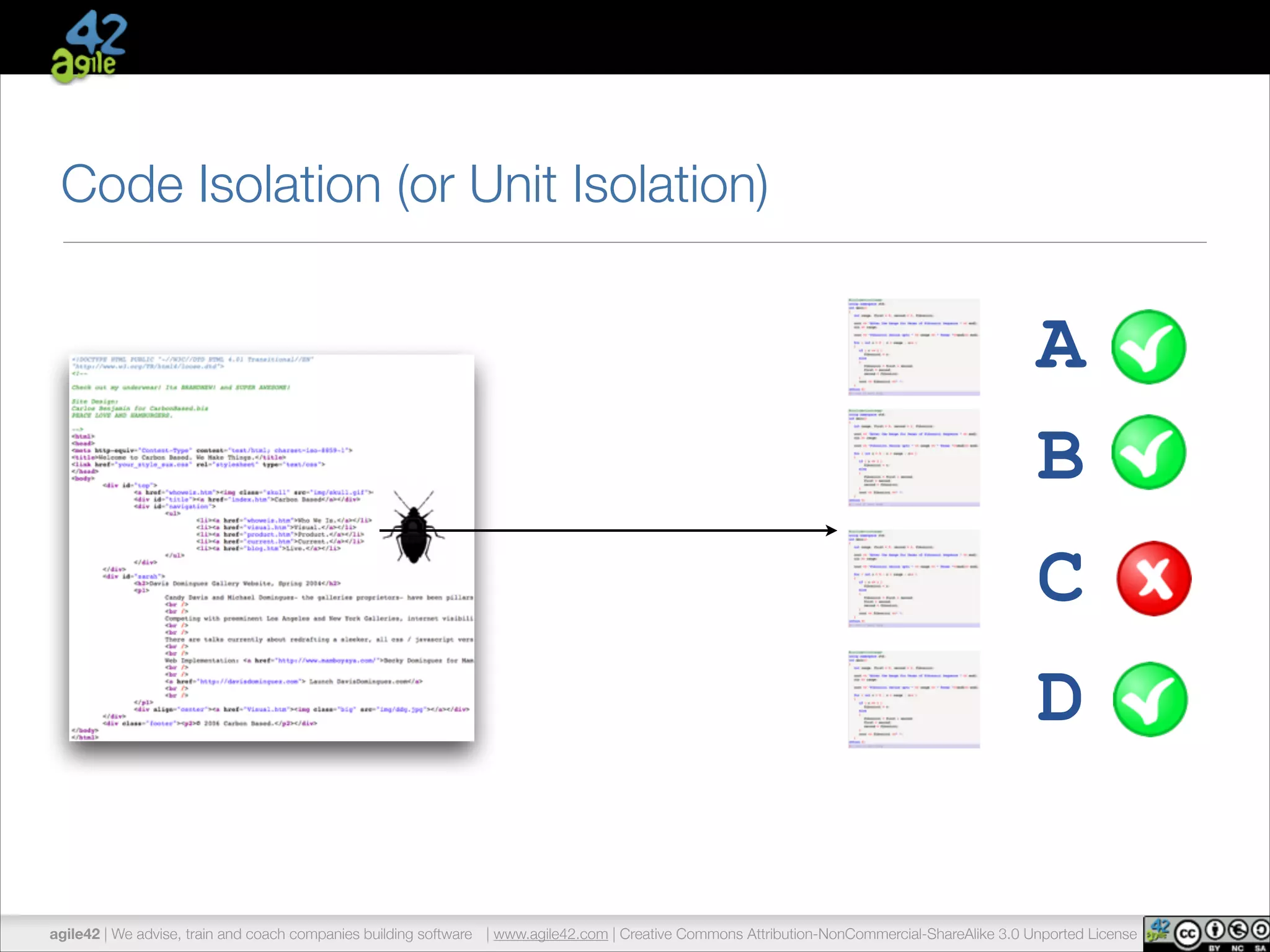 Code Isolation (or Unit Isolation) 
A 
B 
C 
D 
agile42 | We advise, train and coach companies building software | www.agile42.com | Creative Commons Attribution-NonCommercial-ShareAlike 3.0 Unported License 
 