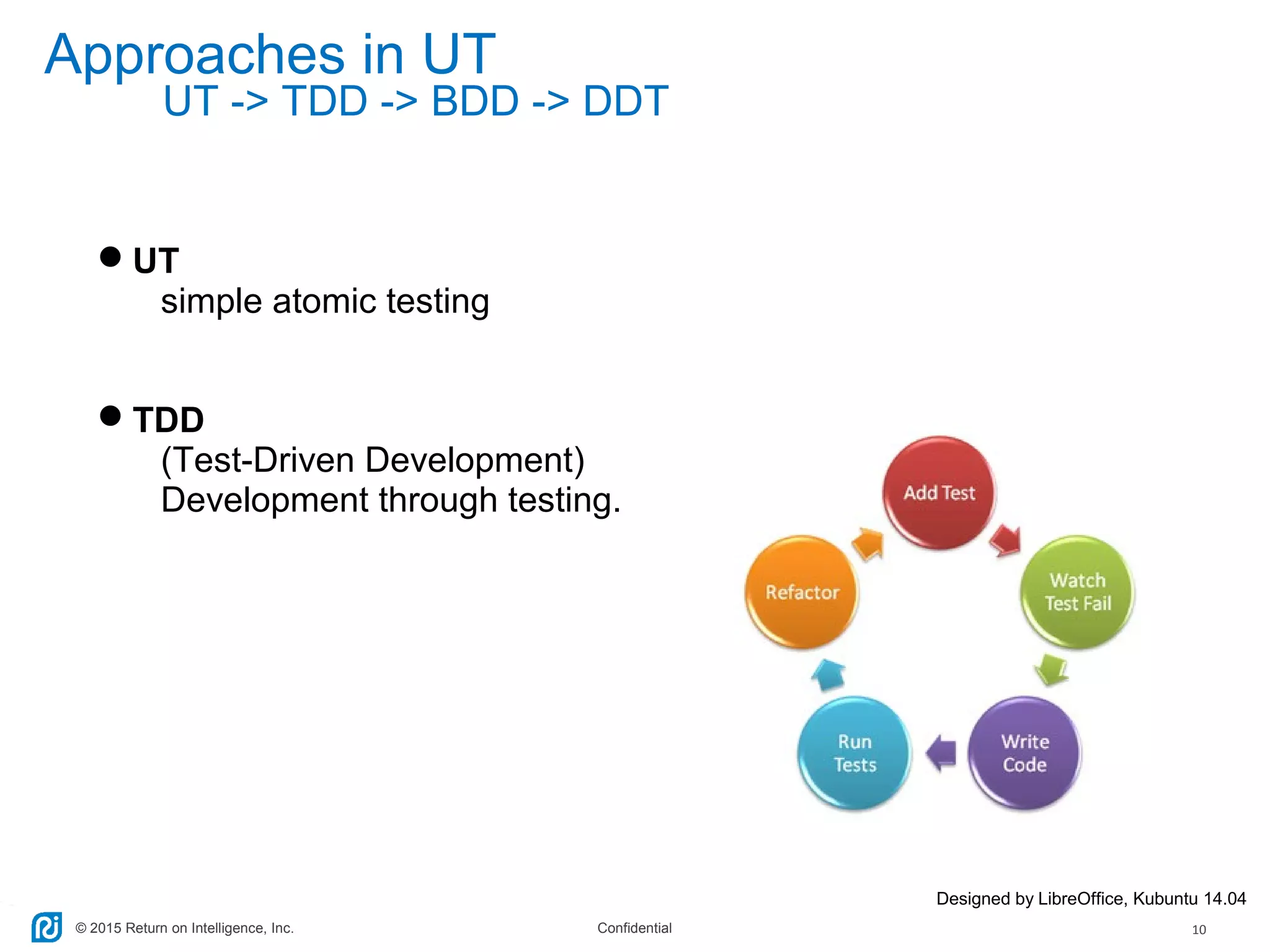 © 2015 Return on Intelligence, Inc. Confidential 10
Approaches in UT
UT
simple atomic testing
TDD
(Test-Driven Development)
Development through testing.
Designed by LibreOffice, Kubuntu 14.04
UT -> TDD -> BDD -> DDT
 