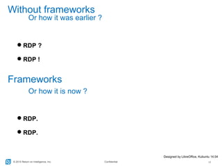 © 2015 Return on Intelligence, Inc. Confidential 12
Without frameworks
RDP ?
RDP !
Designed by LibreOffice, Kubuntu 14.04
Or how it was earlier ?
Frameworks
Or how it is now ?
RDP.
RDP.
 
