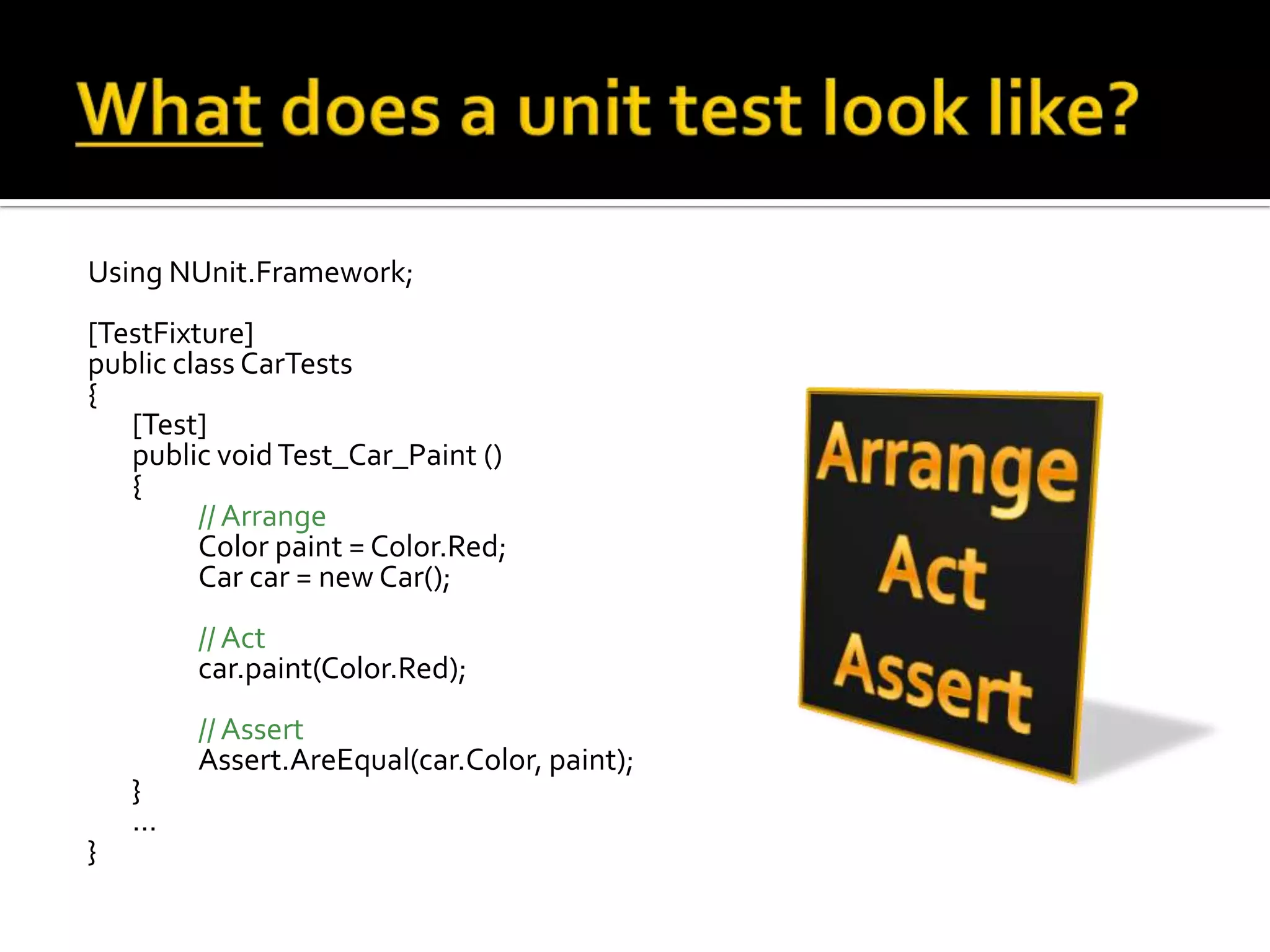 What does a unit test look like? Using NUnit.Framework;[TestFixture]public class CarTests{	[Test]	public void Test_Car_Paint ()	{	// ArrangeColor paint = Color.Red;	Car car = new Car();	// Actcar.paint(Color.Red);	// AssertAssert.AreEqual(car.Color, paint);	}	…}ArrangeActAssert