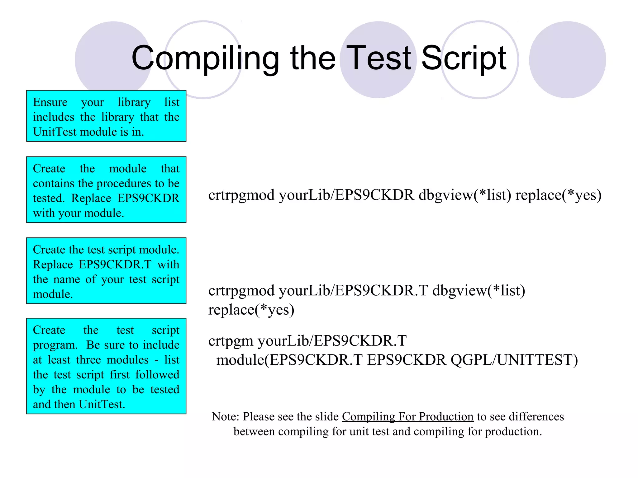 Note: Please see the slide Compiling For Production to see differences
between compiling for unit test and compiling for production.
crtrpgmod yourLib/EPS9CKDR dbgview(*list) replace(*yes)
crtrpgmod yourLib/EPS9CKDR.T dbgview(*list)
replace(*yes)
Create the module that
contains the procedures to be
tested. Replace EPS9CKDR
with your module.
Create the test script module.
Replace EPS9CKDR.T with
the name of your test script
module.
Create the test script
program. Be sure to include
at least three modules - list
the test script first followed
by the module to be tested
and then UnitTest.
Compiling the Test Script
Ensure your library list
includes the library that the
UnitTest module is in.
crtpgm yourLib/EPS9CKDR.T
module(EPS9CKDR.T EPS9CKDR QGPL/UNITTEST)
 
