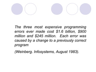 The three most expensive programming
errors ever made cost $1.6 billion, $900
million and $245 million. Each error was
caused by a change to a previously correct
program
(Weinberg. Infosystems, August 1983).
 