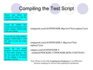 Note: Please see the slide Compiling For Production to see differences
between compiling for unit test and compiling for production.
crtrpgmod yourLib/EPS9CKDR dbgview(*list) replace(*yes)
crtrpgmod yourLib/EPS9CKDR.T dbgview(*list)
replace(*yes)
Create the module that
contains the procedures to be
tested. Replace EPS9CKDR
with your module.
Create the test script module.
Replace EPS9CKDR.T with
the name of your test script
module.
Create the test script
program. Be sure to include
at least three modules - list
the test script first followed
by the module to be tested
and then UnitTest.
Compiling the Test Script
Ensure your library list
includes the library that the
UnitTest module is in.
crtpgm yourLib/EPS9CKDR.T
module(EPS9CKDR.T EPS9CKDR QGPL/UNITTEST)
 