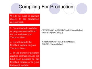 Compiling For Production
1. Do not include modules
or programs created from
the test script on your
Turnover form.
2. Do not include the
UnitTest module on your
Turnover form.
3. In the Turnover program
creation instructions, do not
bind your program to the
UnitTest module or to your
test script module.
CRTRPGMOD MODULE(YourLib/YourModule)
SRCFILE(QRPGLESRC)
CRTPGM PGM(YourLib/YourModule)
MODULE(YourModule)
We do not want to add test
objects to the production
environment.
 