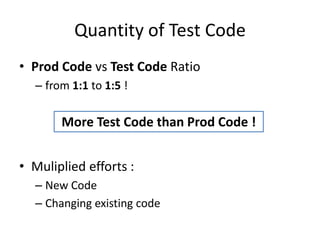 Quantity of Test Code
• Prod Code vs Test Code Ratio
– from 1:1 to 1:5 !

More Test Code than Prod Code !
• Muliplied efforts :
– New Code
– Changing existing code

 