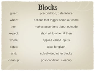 BlocksBlocks
given: precondition, data fixture
when: actions that trigger some outcome
then: makes assertions about outcode
expect: short alt to when & then
where: applies varied inputs
setup: alias for given
and: sub-divided other blocks
cleanup: post-condition, cleanup
 