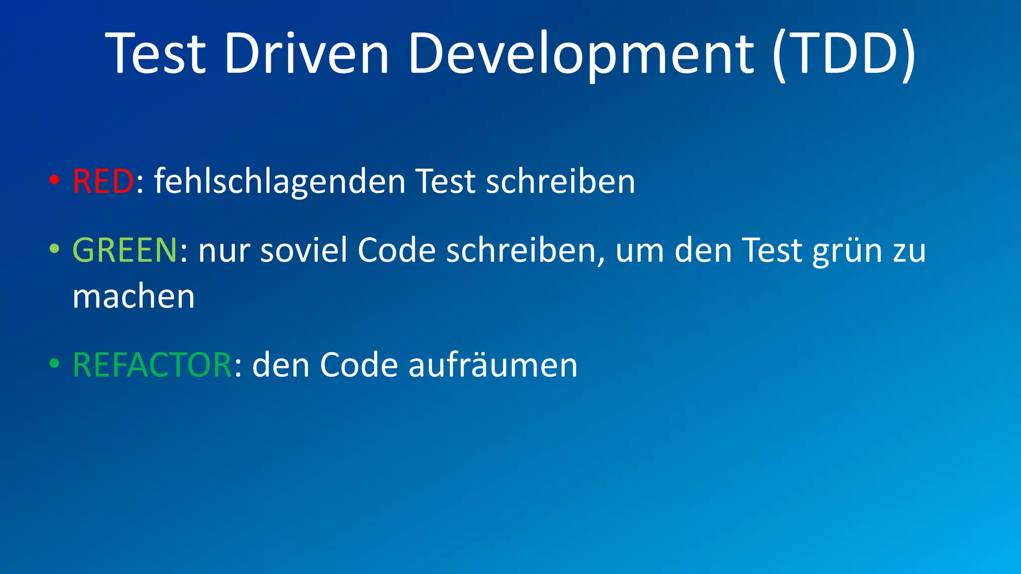 FIO® SYSTEMS AG
   Test Driven Development (TDD)
• RED: fehlschlagenden Test schreiben
• GREEN: nur soviel Code schreiben, um den Test grün zu
  machen
• REFACTOR: den Code aufräumen
 