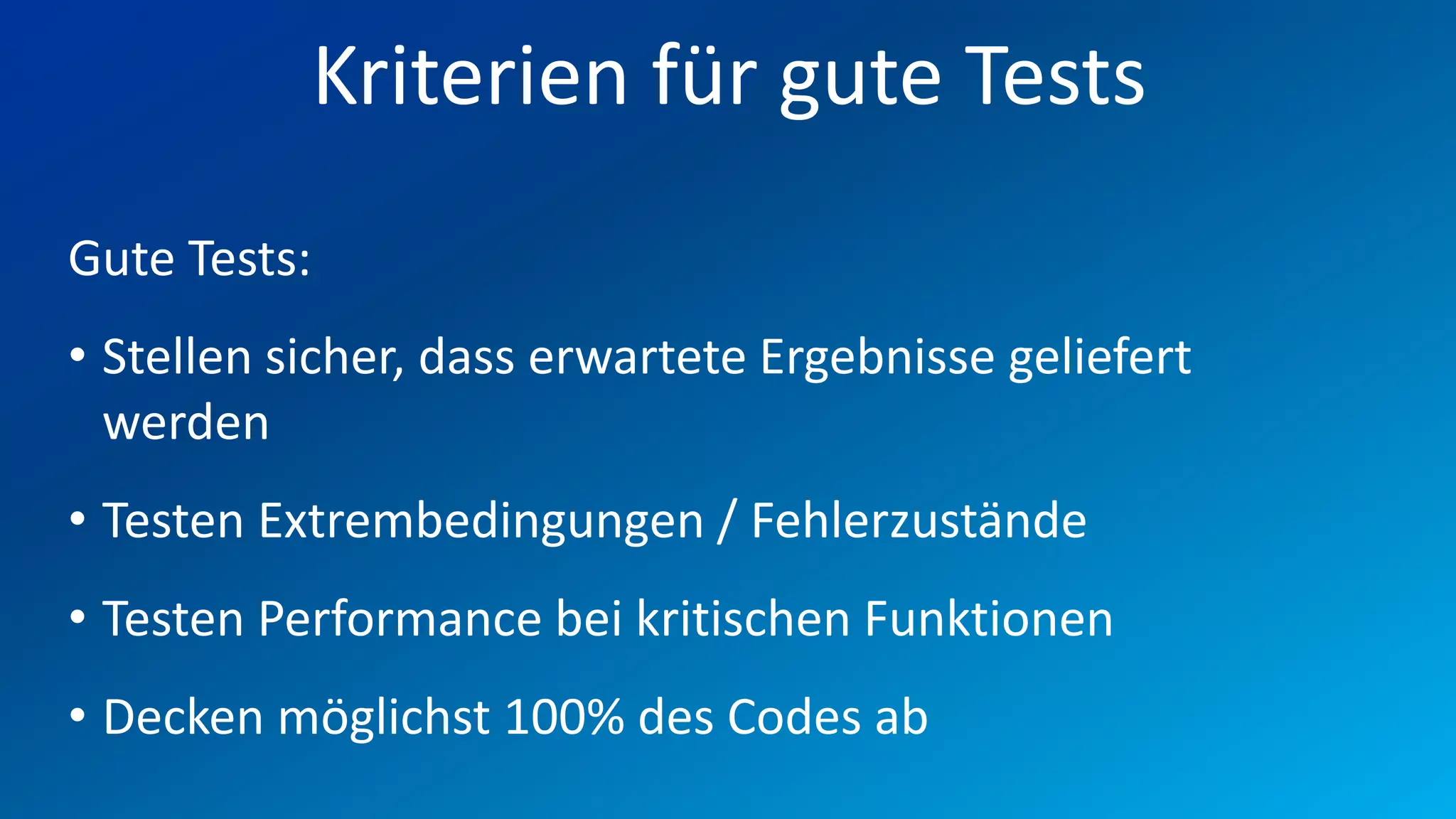 FIO® SYSTEMS AG
              Kriterien für gute Tests
Gute Tests:
• Stellen sicher, dass erwartete Ergebnisse geliefert
  werden
• Testen Extrembedingungen / Fehlerzustände
• Testen Performance bei kritischen Funktionen
• Decken möglichst 100% des Codes ab
 