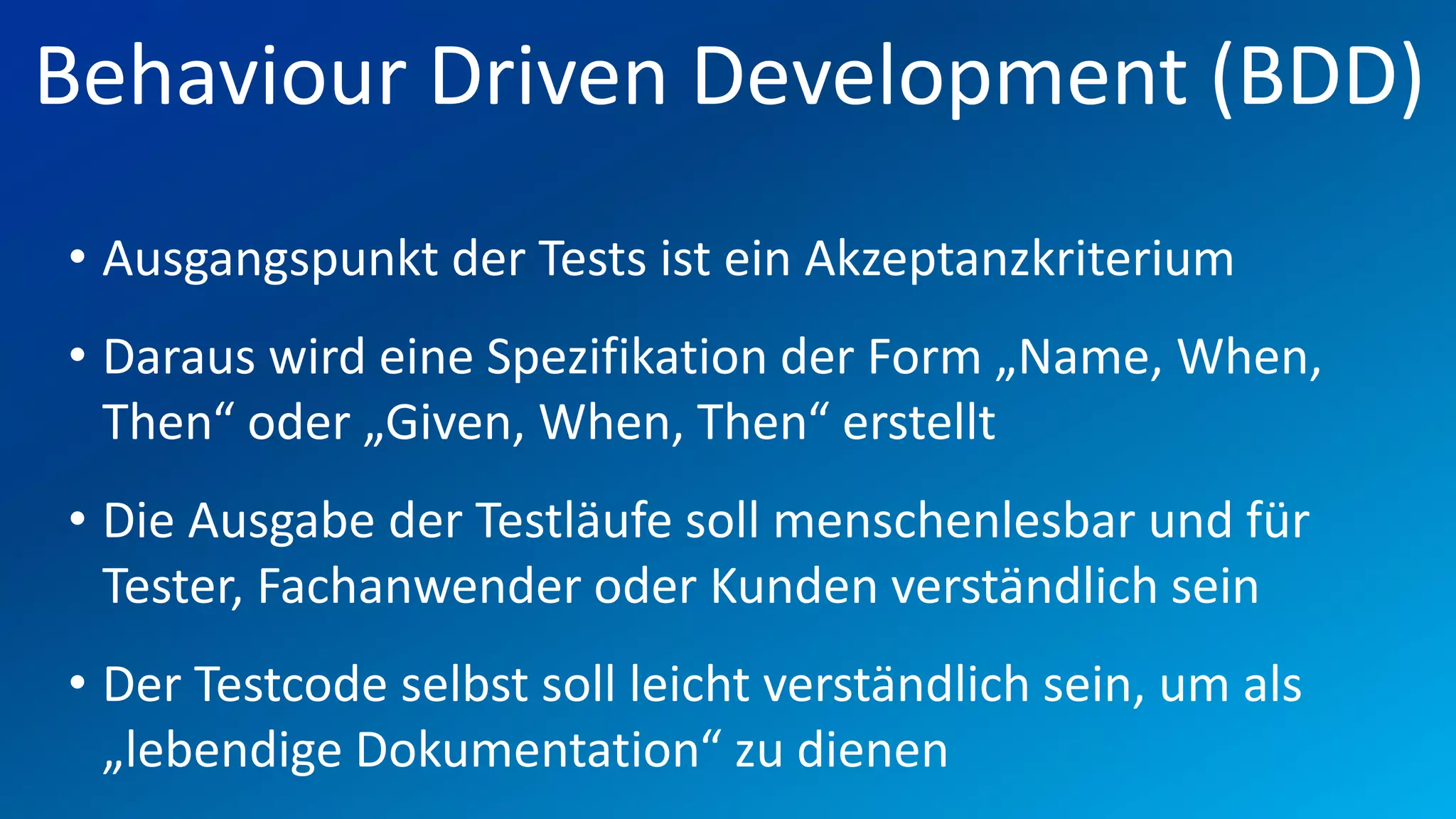 FIO® SYSTEMS AG
Behaviour Driven Development (BDD)
• Ausgangspunkt der Tests ist ein Akzeptanzkriterium
• Daraus wird eine Spezifikation der Form „Name, When,
  Then“ oder „Given, When, Then“ erstellt
• Die Ausgabe der Testläufe soll menschenlesbar und für
  Tester, Fachanwender oder Kunden verständlich sein
• Der Testcode selbst soll leicht verständlich sein, um als
  „lebendige Dokumentation“ zu dienen
 
