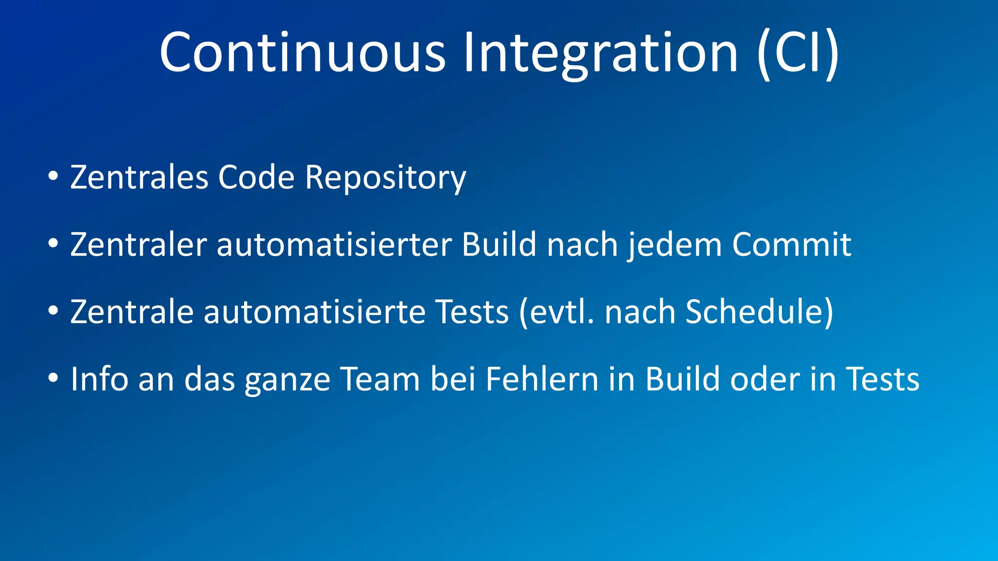 FIO® SYSTEMS AG
       Continuous Integration (CI)
• Zentrales Code Repository
• Zentraler automatisierter Build nach jedem Commit
• Zentrale automatisierte Tests (evtl. nach Schedule)
• Info an das ganze Team bei Fehlern in Build oder in Tests
 
