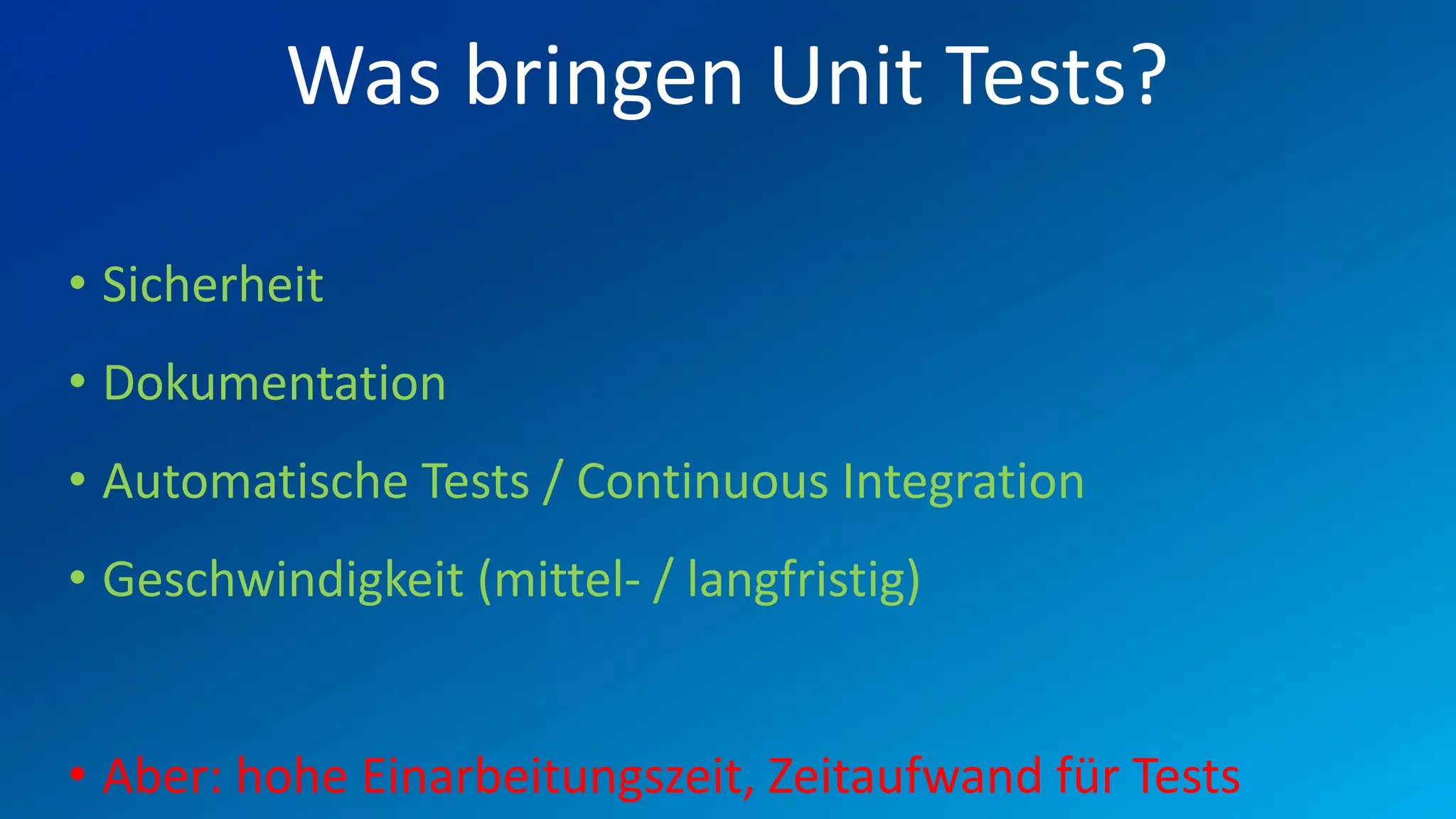 FIO® SYSTEMS AG
          Was bringen Unit Tests?

• Sicherheit
• Dokumentation
• Automatische Tests / Continuous Integration
• Geschwindigkeit (mittel- / langfristig)


• Aber: hohe Einarbeitungszeit, Zeitaufwand für Tests
 