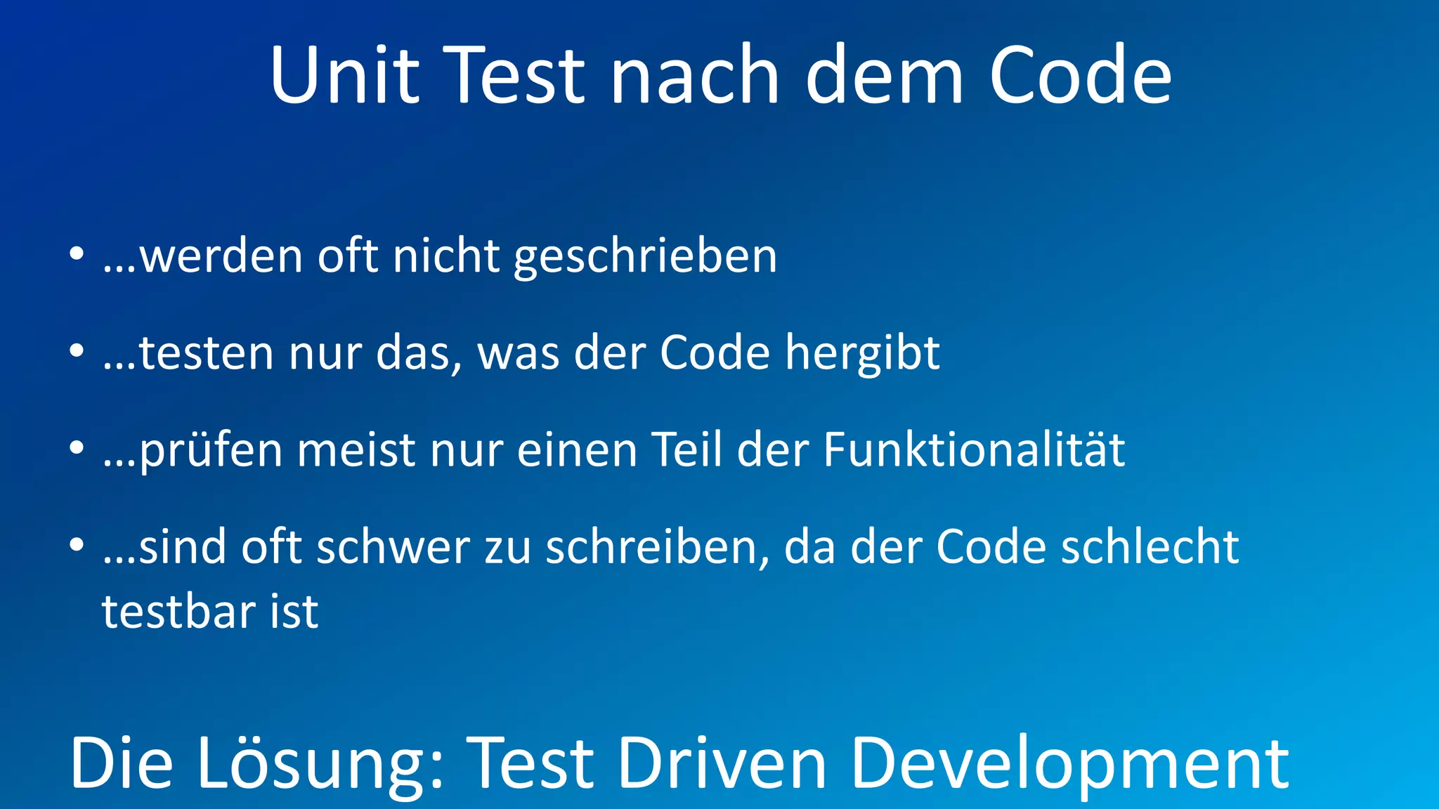 FIO® SYSTEMS AG
         Unit Test nach dem Code
• …werden oft nicht geschrieben
• …testen nur das, was der Code hergibt
• …prüfen meist nur einen Teil der Funktionalität
• …sind oft schwer zu schreiben, da der Code schlecht
  testbar ist

Die Lösung: Test Driven Development
 