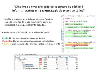 “Objetivo de uma avaliação de cobertura de código é
informar lacunas em sua estratégia de testes unitários”
Facilita o encontro de módulos, classes e funções
que são testados de modo insuficiente como por
exemplo IF e catch parcialmente cobertos.
A maioria das IDEs lhe dão uma indicação visual:
Verde: Linhas que são cobertas pelos testes.
Vermelho: Linhas que não são cobertas pelos testes.
Amarelo: Branchs que não foram cobertos completamente
 