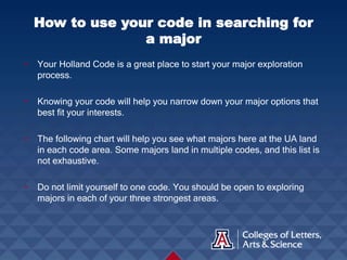 • Your Holland Code is a great place to start your major exploration
process.
• Knowing your code will help you narrow down your major options that
best fit your interests.
• The following chart will help you see what majors here at the UA land
in each code area. Some majors land in multiple codes, and this list is
not exhaustive.
• Do not limit yourself to one code. You should be open to exploring
majors in each of your three strongest areas.
How to use your code in searching for
a major
 