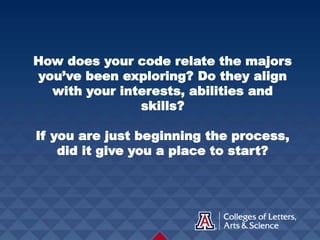 How does your code relate the majors
you’ve been exploring? Do they align
with your interests, abilities and
skills?
If you are just beginning the process,
did it give you a place to start?
 