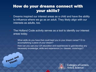 • Dreams inspired our interest areas as a child and have the ability
to influence where we go as an adult. They likely align with our
interests as adults, too.
• The Holland Code activity serves as a tool to identify our interest
areas today.
• What skills do you have that could lead you to your dream career? Or to
accomplishing a piece of your dream?
• How can you use your UA education and experiences to gain/develop any
necessary knowledge, skills and experience (i.e. classes, clubs/orgs)?
How do your dreams connect with
your skills?
 