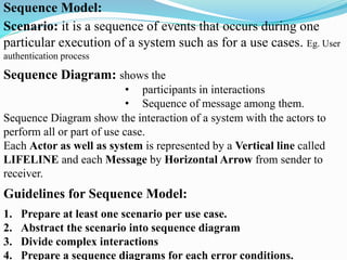 Sequence Model:
Scenario: it is a sequence of events that occurs during one
particular execution of a system such as for a use cases. Eg. User
authentication process
Sequence Diagram: shows the
• participants in interactions
• Sequence of message among them.
Sequence Diagram show the interaction of a system with the actors to
perform all or part of use case.
Each Actor as well as system is represented by a Vertical line called
LIFELINE and each Message by Horizontal Arrow from sender to
receiver.
Guidelines for Sequence Model:
1. Prepare at least one scenario per use case.
2. Abstract the scenario into sequence diagram
3. Divide complex interactions
4. Prepare a sequence diagrams for each error conditions.
 