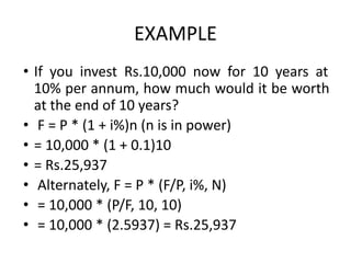 EXAMPLE
• If you invest Rs.10,000 now for 10 years at
10% per annum, how much would it be worth
at the end of 10 years?
• F = P * (1 + i%)n (n is in power)
• = 10,000 * (1 + 0.1)10
• = Rs.25,937
• Alternately, F = P * (F/P, i%, N)
• = 10,000 * (P/F, 10, 10)
• = 10,000 * (2.5937) = Rs.25,937
 
