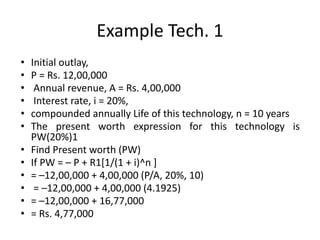 Example Tech. 1
• Initial outlay,
• P = Rs. 12,00,000
• Annual revenue, A = Rs. 4,00,000
• Interest rate, i = 20%,
• compounded annually Life of this technology, n = 10 years
• The present worth expression for this technology is
PW(20%)1
• Find Present worth (PW)
• If PW = – P + R1[1/(1 + i)^n ]
• = –12,00,000 + 4,00,000 (P/A, 20%, 10)
• = –12,00,000 + 4,00,000 (4.1925)
• = –12,00,000 + 16,77,000
• = Rs. 4,77,000
 