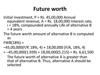 Future worth
Initial investment, P = Rs. 45,00,000 Annual
equivalent revenue, A = Rs. 18,00,000 Interest rate,
i = 18%, compounded annually Life of alternative B
= 4 years
The future worth amount of alternative B is computed
as
FWB(18%) =
–45,00,000(F/P, 18%, 4) + 18,00,000 (F/A, 18%, 4)
= –45,00,000(1.939) + 18,00,000(5.215) = Rs. 6,61,500
The future worth of alternative A is greater than
that of alternative B. Thus, alternative A should be
selected
 