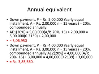 Annual equivalent
• Down payment, P = Rs. 5,00,000 Yearly equal
installment, A = Rs. 2,00,000 n = 15 years i = 20%,
compounded annually
• AE1(20%) = 5,00,000(A/P, 20%, 15) + 2,00,000 =
5,00,000(0.2139) + 2,00,000
• = 3,06,950
• Down payment, P = Rs. 4,00,000 Yearly equal
installment, A = Rs. 3,00,000 n = 15 years i = 20%,
compounded annually AE2(20%) = 4,00,000(A/P,
20%, 15) + 3,00,000 = 4,00,000(0.2139) + 3,00,000
• = Rs. 3,85,560.
 