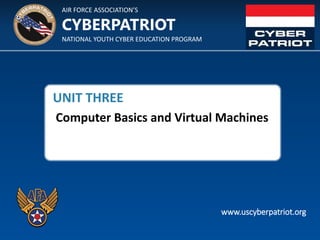 AIR FORCE ASSOCIATION’S
NATIONAL YOUTH CYBER EDUCATION PROGRAM
CYBERPATRIOT
www.uscyberpatriot.org
UNIT THREE
Computer Basics and Virtual Machines
 