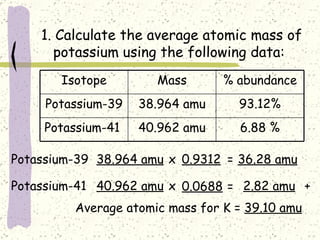 1. Calculate the average atomic mass of potassium using the following data: Potassium-39   38.964 amu x   0.9312 =   36.28 amu Potassium-41   40.962 amu x   0.0688 2.82 amu =   +   Average atomic mass for K =   39.10 amu 6.88 % 40.962 amu Potassium-41  93.12% 38.964 amu Potassium-39 % abundance Mass Isotope 