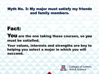 Myth No. 3: My major must satisfy my friends
and family members.
Fact:
You are the one taking these courses, so you
must be satisfied.
Your values, interests and strengths are key to
helping you select a major in which you will
succeed.
 