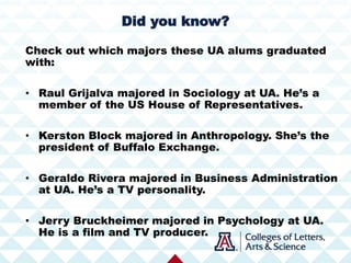 Check out which majors these UA alums graduated
with:
• Raul Grijalva majored in Sociology at UA. He’s a
member of the US House of Representatives.
• Kerston Block majored in Anthropology. She’s the
president of Buffalo Exchange.
• Geraldo Rivera majored in Business Administration
at UA. He’s a TV personality.
• Jerry Bruckheimer majored in Psychology at UA.
He is a film and TV producer.
Did you know?
 