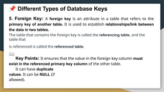 Different Types of Database Keys
5. Foreign Key: A foreign key is an attribute in a table that refers to the
primary key of another table. It is used to establish relationships/link between
the data in two tables.
The table that contains the foreign key is called the referencing table, and the
table that
is referenced is called the referenced table.
Key Points: It ensures that the value in the foreign key column must
exist in the referenced primary key column of the other table.
It can have duplicate
values. It can be NULL (if
allowed).
 