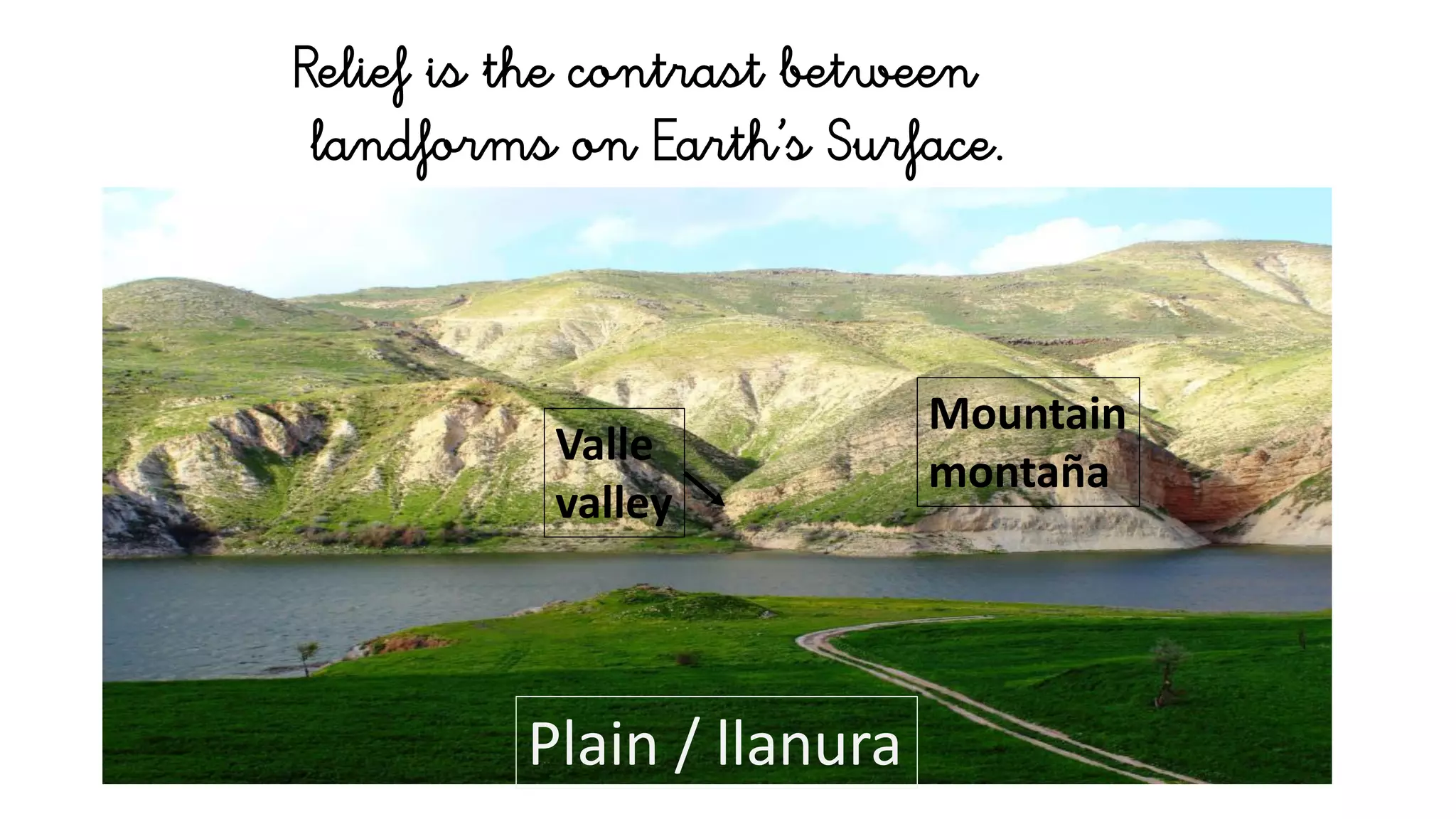 Relief is the contrast between
landforms on Earth’s Surface.
Plain / llanura
Mountain
montaña
Valle
valley
 