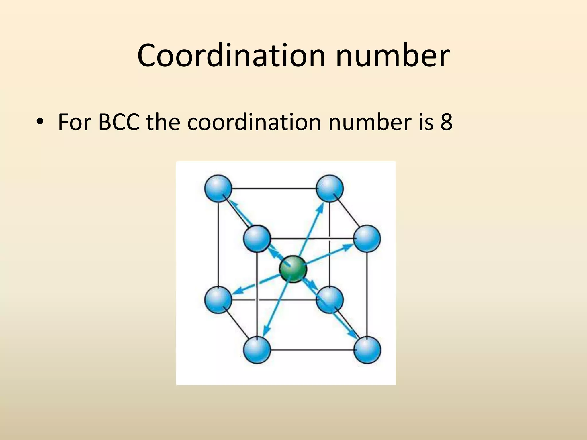 Coordination number
• For BCC the coordination number is 8
 