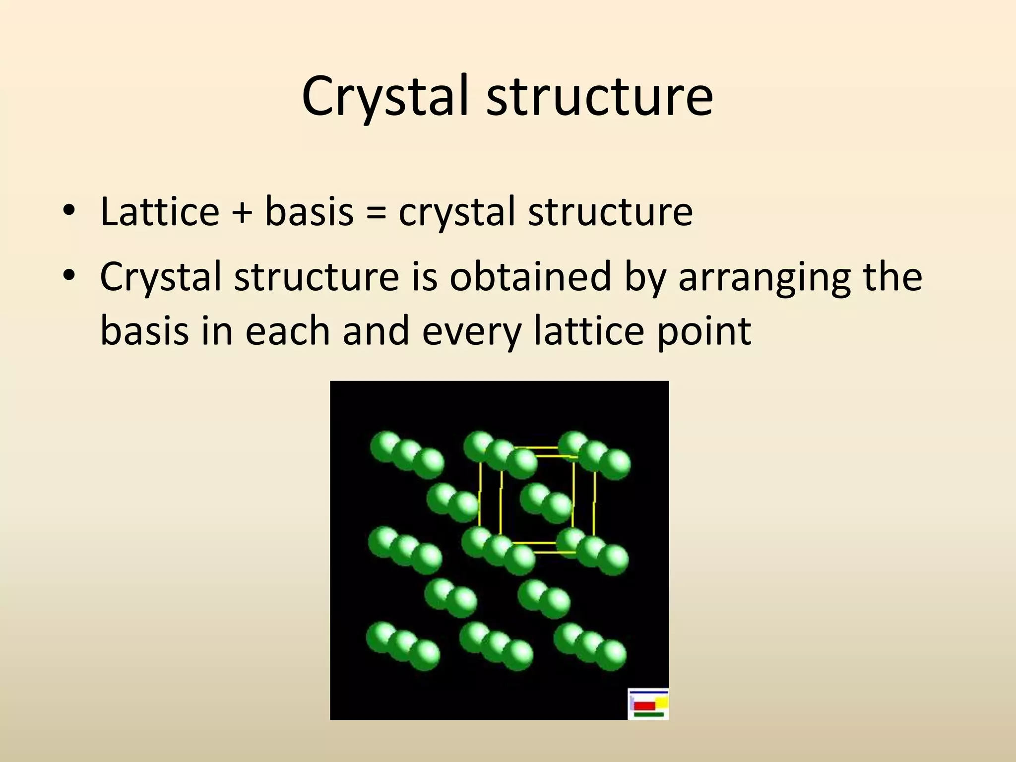 Crystal structure
• Lattice + basis = crystal structure
• Crystal structure is obtained by arranging the
  basis in each and every lattice point
 