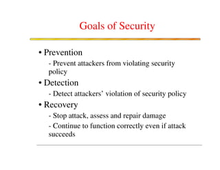 Goals of Security

• Prevention
  - Prevent attackers from violating security
  policy
• Detection
  - Detect attackers’ violation of security policy
• Recovery
  - Stop attack, assess and repair damage
  - Continue to function correctly even if attack
  succeeds
 