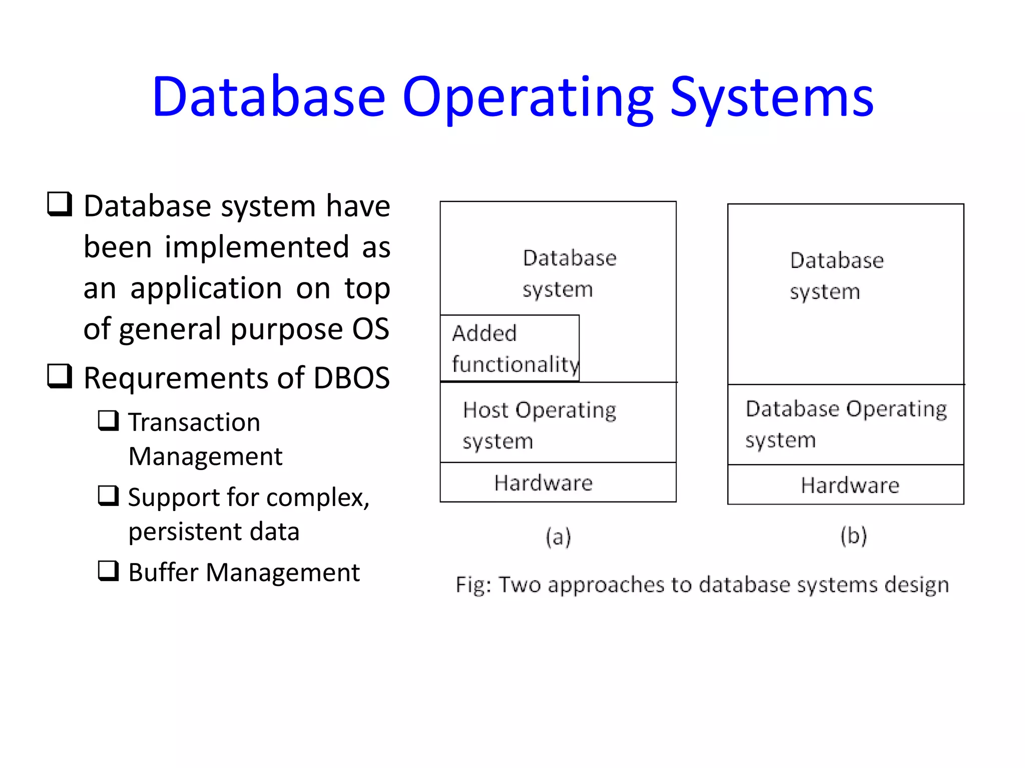 Database Operating Systems
 Database system have
been implemented as
an application on top
of general purpose OS
 Requrements of DBOS
 Transaction
Management
 Support for complex,
persistent data
 Buffer Management
 
