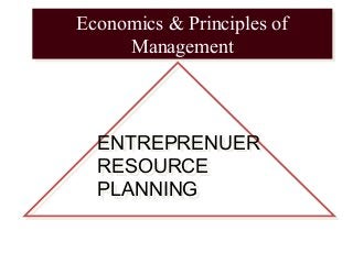 Economics & Principles of
Management
Economics & Principles of
Management
ENTREPRENUER
RESOURCE
PLANNING
ENTREPRENUER
RESOURCE
PLANNING
 