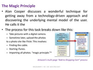 The Magic Principle
• Alan Cooper discusses a wonderful technique for
getting away from a technology-driven approach and
discovering the underlying mental model of the user.
He calls it the
• The process for this task breaks down like this:
– Take pictures with a digital camera.
– Sometime later, upload the photos
to a photo site like Flickr. This involves:
– Finding the cable.
– Starting iTunes.
– Importing all photos. “magic principle.”*
Amazon’s multi-page “Add to Shopping Cart” process
ARULKUMAR V - HCI - CSE -SECE 2016-2017
 