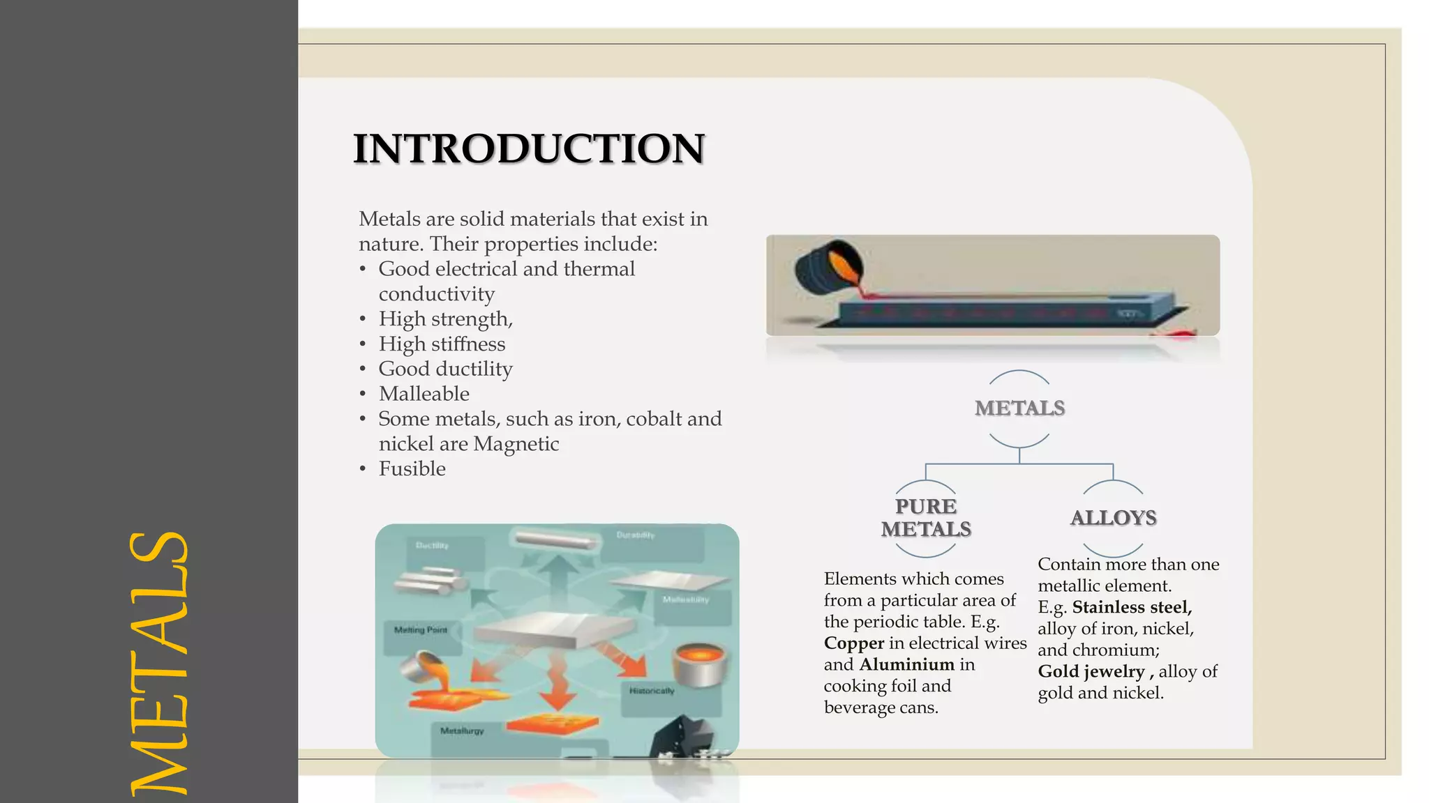 Metals are solid materials that exist in
nature. Their properties include:
• Good electrical and thermal
conductivity
• High strength,
• High stiﬀness
• Good ductility
• Malleable
• Some metals, such as iron, cobalt and
nickel are Magnetic
• Fusible
METALS
PURE
METALS
ALLOYS
Elements which comes
from a particular area of
the periodic table. E.g.
Copper in electrical wires
and Aluminium in
cooking foil and
beverage cans.
Contain more than one
metallic element.
E.g. Stainless steel,
alloy of iron, nickel,
and chromium;
Gold jewelry , alloy of
gold and nickel.
METALS INTRODUCTION
 