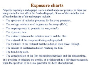 Exposure charts
Properly exposing a radiograph is often a trial and error process, as there are
many variables that affect the final radiograph. Some of the variables that
affect the density of the radiograph include:
• The spectrum of radiation produced by the x-ray generator.
• The voltage potential used to generate the x-rays (KeV).
• The amperage used to generate the x-rays (mA).
• The exposure time.
• The distance between the radiation source and the film.
• The material of the component being radiographed.
• The thickness of the material that the radiation must travel through.
• The amount of scattered radiation reaching the film.
• The film being used.
• The concentration of the film processing chemicals and the contact time.
It is possible to calculate the density of a radiograph to a fair degree accuracy
when the spectrum of an x-ray generator has been characterized.
 
