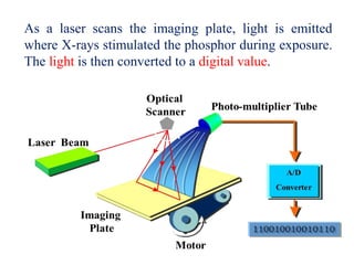 As a laser scans the imaging plate, light is emitted
where X-rays stimulated the phosphor during exposure.
The light is then converted to a digital value.
 