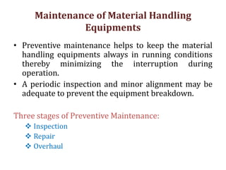 Maintenance of Material Handling
Equipments
• Preventive maintenance helps to keep the material
handling equipments always in running conditions
thereby minimizing the interruption during
operation.
• A periodic inspection and minor alignment may be
adequate to prevent the equipment breakdown.
Three stages of Preventive Maintenance:
 Inspection
 Repair
 Overhaul
 