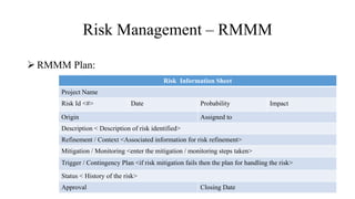 Risk Management – RMMM
 RMMM Plan:
Risk Information Sheet
Project Name
Risk Id <#> Date Probability Impact
Origin Assigned to
Description < Description of risk identified>
Refinement / Context <Associated information for risk refinement>
Mitigation / Monitoring <enter the mitigation / monitoring steps taken>
Trigger / Contingency Plan <if risk mitigation fails then the plan for handling the risk>
Status < History of the risk>
Approval Closing Date
 