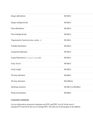 Integer add/subtract Θ(1)Θ(1)
Integer multiply/divide Θ(1)Θ(1)
Float add/subtract Θ(1)Θ(1)
Float multiply/divide Θ(1)Θ(1)
Trigonometric Functions (sine, cosine, ..) Θ(1)Θ(1)
Variable Declaration Θ(1)Θ(1)
Assignment Operation Θ(1)Θ(1)
Logical Operations (<,>,≤,≥,<,>,≤,≥, etc) Θ(1)Θ(1)
Array Access Θ(1)Θ(1)
Array Length Θ(1)Θ(1)
1D array allocation Θ(n)Θ(n)
2D array allocation Θ(n2)Θ(n2)
Substring extraction Θ(1)Θ(1) or Θ(n)Θ(n)
String concatenation Θ(n)Θ(n)
Consecutive statements
Let two independent consecutive statements are P1P1 and P2P2. Let t1t1 be the cost of
running P1P1 and t2t2 be the cost of running P2P2. The total cost of the program is the addition
 